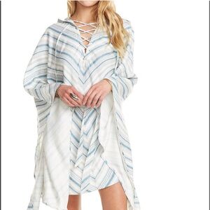Chaser Beachy Linen Lace-up Dolman Stripe Hooded Tunic Dress Cover Up Size S NWT